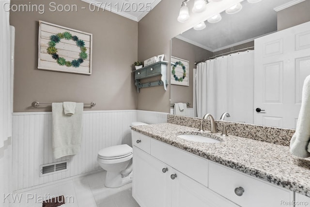 4317 Vassar Dr, Troy, MI 48085 - full bathroom with ornamental molding, vanity, a wainscoted wall, and tile patterned flooring