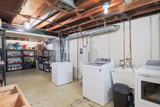 29687 Westfield St, Livonia, MI 48150 - unfinished below grade area with water heater, washing machine and clothes dryer, and refrigerator