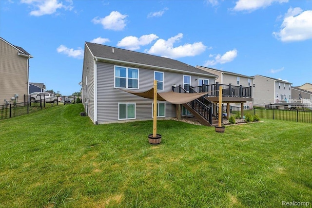 58565 Westmoore Cir, New Haven, MI 48048 - back of house with stairs, a wooden deck, a fenced backyard, and a residential view