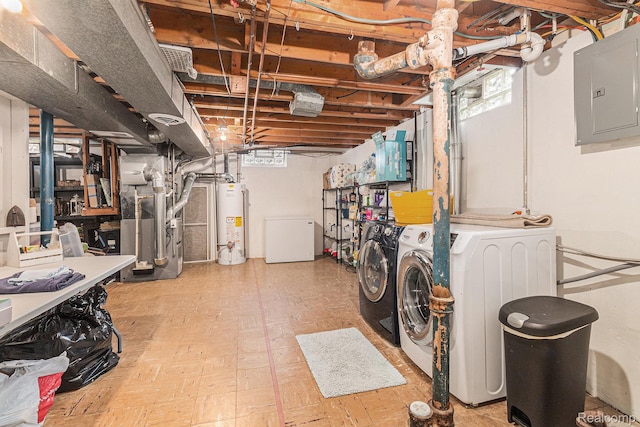 1820 W Longmeadow Rd, Trenton, MI 48183 - basement with gas water heater, electric panel, separate washer and dryer, heating unit, and tile patterned floors