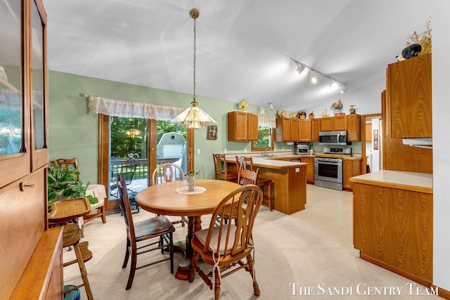 15071 Steves Dr, Grand Haven, MI 49417 - dining space with track lighting, vaulted ceiling, and light carpet