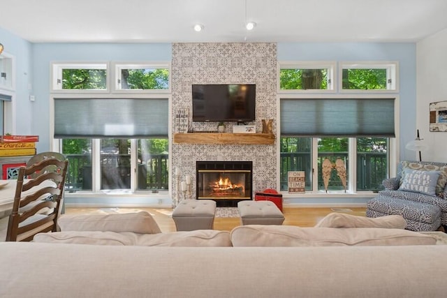 613 Indian Trl, Sawyer, MI 49125 - living area featuring a fireplace, recessed lighting, and wood finished floors