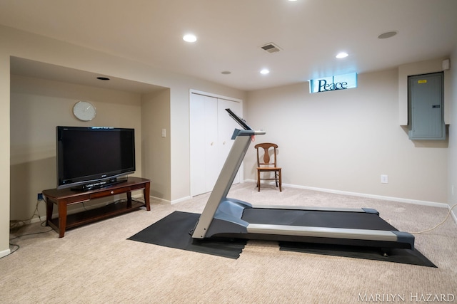 2934 Meadowbrook Dr SE, Grand Rapids, MI 49546 - workout room with carpet flooring, electric panel, and recessed lighting