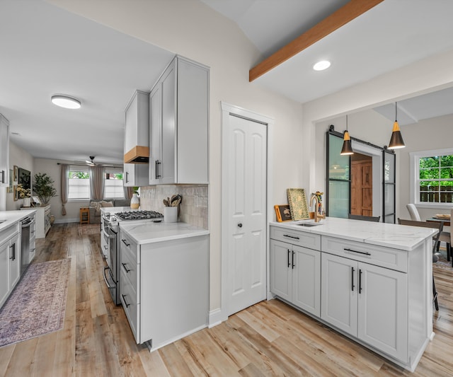 820 Barton Dr, Ann Arbor, MI 48105 - kitchen featuring stainless steel appliances, a peninsula, decorative backsplash, light wood-type flooring, and pendant lighting