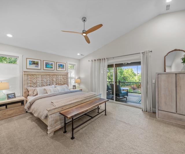 820 Barton Dr, Ann Arbor, MI 48105 - carpeted bedroom featuring access to outside, lofted ceiling, recessed lighting, and ceiling fan