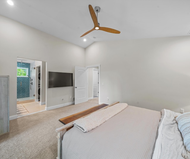 820 Barton Dr, Ann Arbor, MI 48105 - carpeted bedroom with high vaulted ceiling, recessed lighting, and a ceiling fan