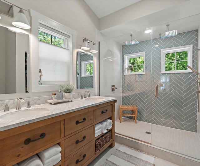 820 Barton Dr, Ann Arbor, MI 48105 - bathroom featuring double vanity, a stall shower, and tile patterned floors