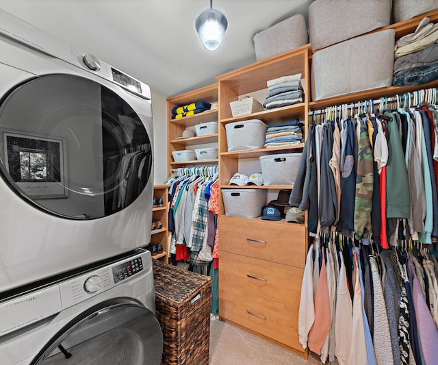 820 Barton Dr, Ann Arbor, MI 48105 - laundry area featuring stacked washing machine and dryer