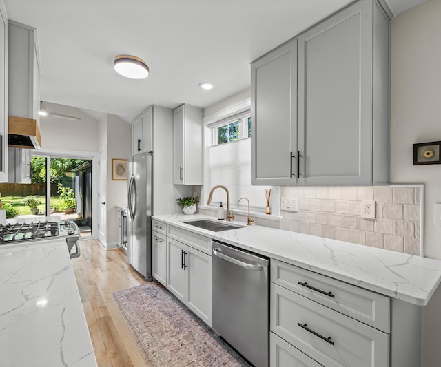 820 Barton Dr, Ann Arbor, MI 48105 - kitchen with stainless steel appliances, gray cabinetry, tasteful backsplash, light wood-style floors, and recessed lighting