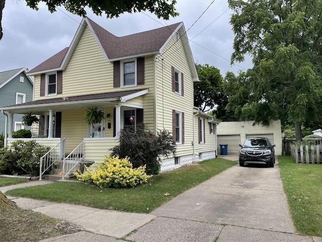 33 Abbott Ave, Coldwater, MI 49036 - view of front of property featuring covered porch, an outbuilding, roof with shingles, and a front lawn