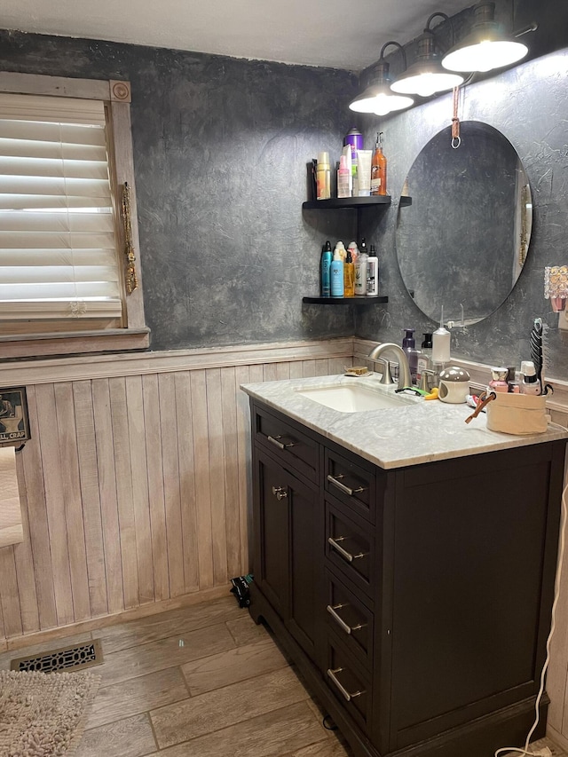33 Abbott Ave, Coldwater, MI 49036 - bathroom featuring wood finished floors, vanity, wainscoting, and wood walls