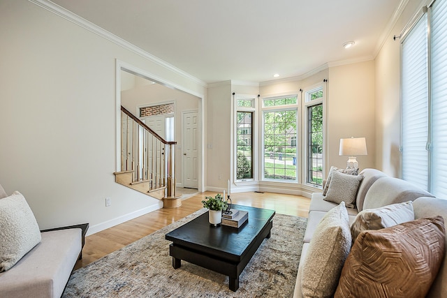 1544 Newport Creek Dr, Ann Arbor, MI 48103 - living area featuring light wood-style floors, stairway, crown molding, and recessed lighting