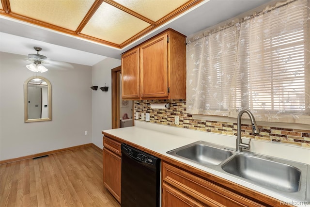 5419 Duke Ct, Warren, MI 48091 - kitchen featuring dishwasher, decorative backsplash, light countertops, ceiling fan, and brown cabinetry