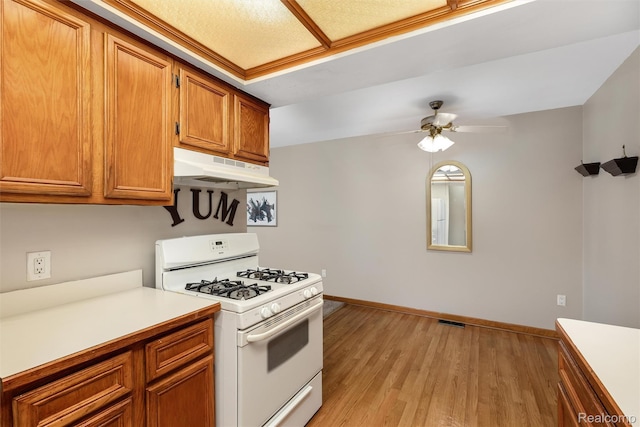 5419 Duke Ct, Warren, MI 48091 - kitchen with white gas stove, under cabinet range hood, brown cabinets, a ceiling fan, and light wood-style flooring