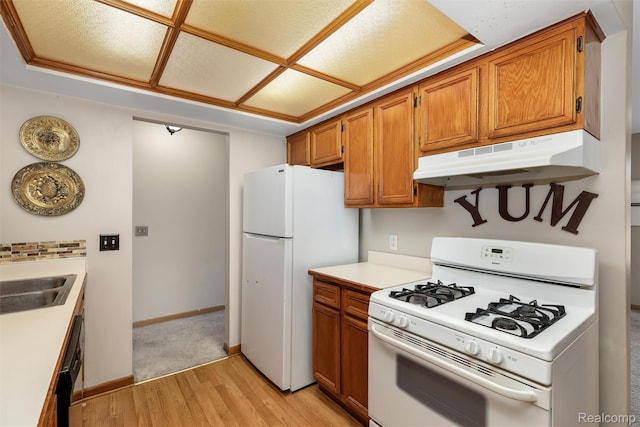 5419 Duke Ct, Warren, MI 48091 - kitchen featuring white appliances, under cabinet range hood, light wood-style flooring, light countertops, and brown cabinetry