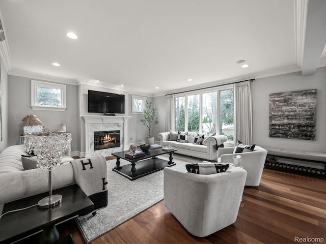 1200 Shipman Blvd, Birmingham, MI 48009 - living room with crown molding, a high end fireplace, recessed lighting, and dark wood-type flooring