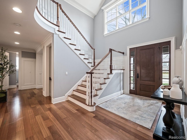 1200 Shipman Blvd, Birmingham, MI 48009 - entrance foyer with stairs, a high ceiling, wood finished floors, ornamental molding, and recessed lighting