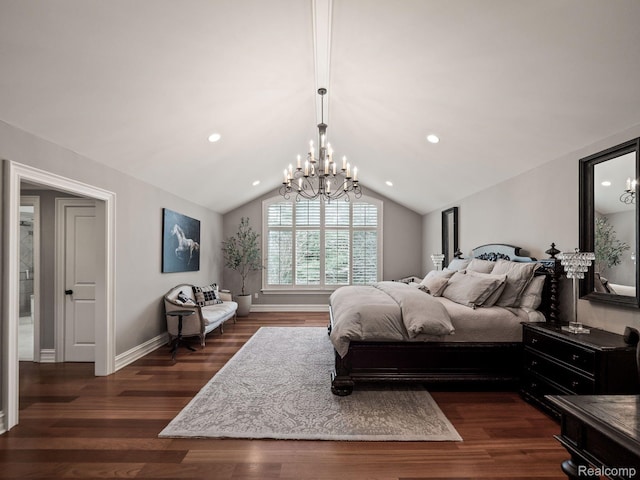 1200 Shipman Blvd, Birmingham, MI 48009 - bedroom with a chandelier, dark wood-style floors, vaulted ceiling, and recessed lighting