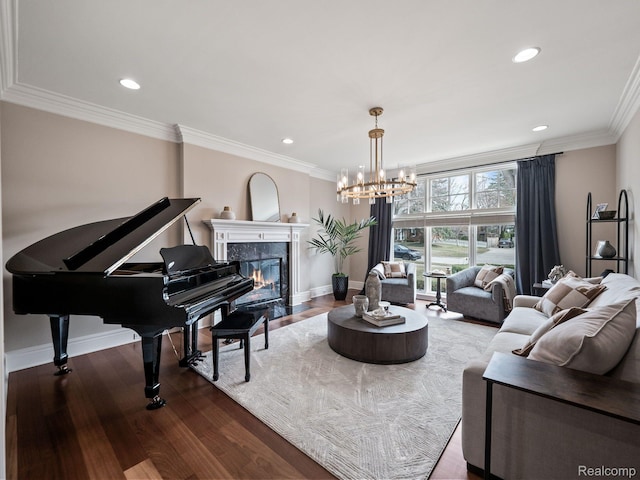 1200 Shipman Blvd, Birmingham, MI 48009 - living room featuring crown molding, a chandelier, wood finished floors, a fireplace, and recessed lighting