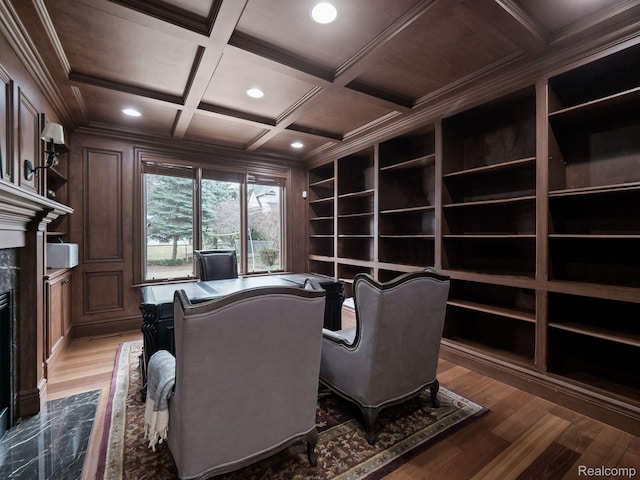 1200 Shipman Blvd, Birmingham, MI 48009 - office featuring a high end fireplace, recessed lighting, coffered ceiling, built in shelves, and wood finished floors