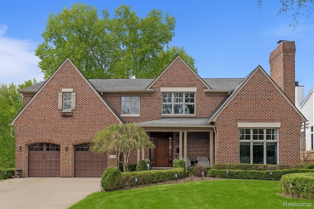 1200 Shipman Blvd, Birmingham, MI 48009 - english style home featuring driveway, brick siding, a front lawn, and a chimney