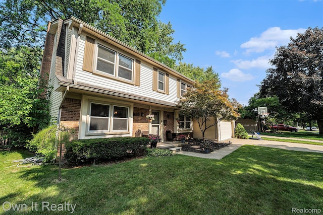 14128 Ellen Dr, Dearborn Heights, MI 48154 - traditional-style home with brick siding, a front lawn, concrete driveway, a garage, and a chimney