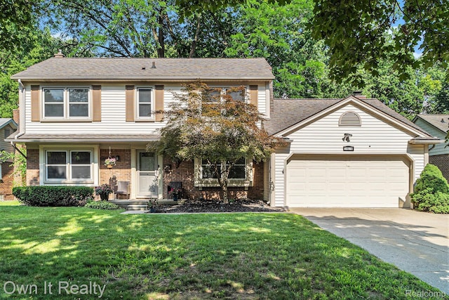 14128 Ellen Dr, Dearborn Heights, MI 48154 - view of front of property featuring concrete driveway, a garage, a front yard, brick siding, and roof with shingles