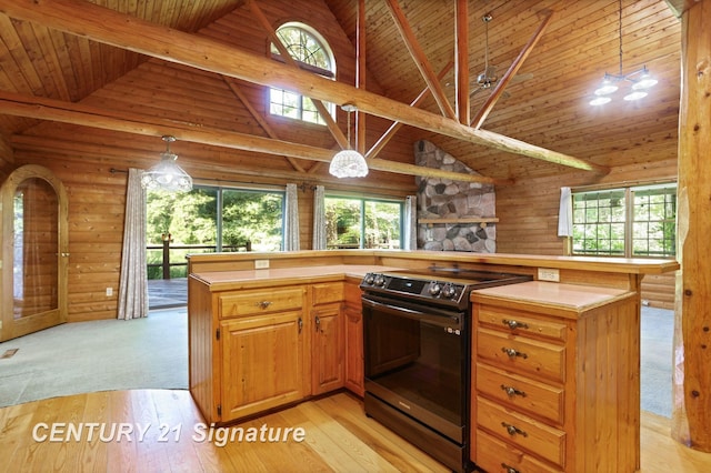 13715 Baldwin Rd, Saginaw, MI 48616 - kitchen featuring stainless steel range with electric cooktop, a wood ceiling with exposed beams, light countertops, high vaulted ceiling, and hanging light fixtures