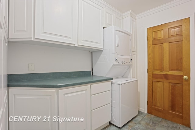 13715 Baldwin Rd, Saginaw, MI 48616 - laundry area with stacked washer and clothes dryer, cabinet space, and ornamental molding