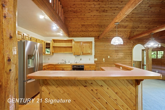 13715 Baldwin Rd, Saginaw, MI 48616 - kitchen featuring stainless steel fridge with ice dispenser, light countertops, beamed ceiling, open shelves, and arched walkways