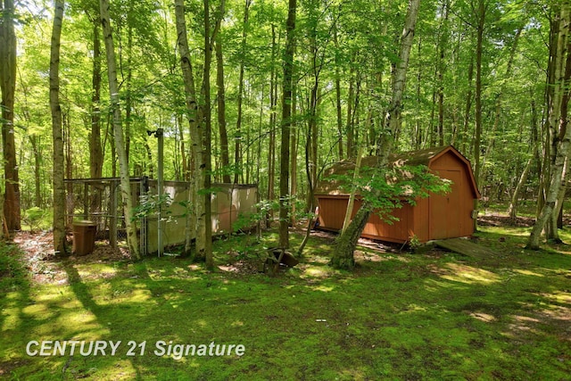 13715 Baldwin Rd, Saginaw, MI 48616 - view of yard featuring a shed and a view of trees