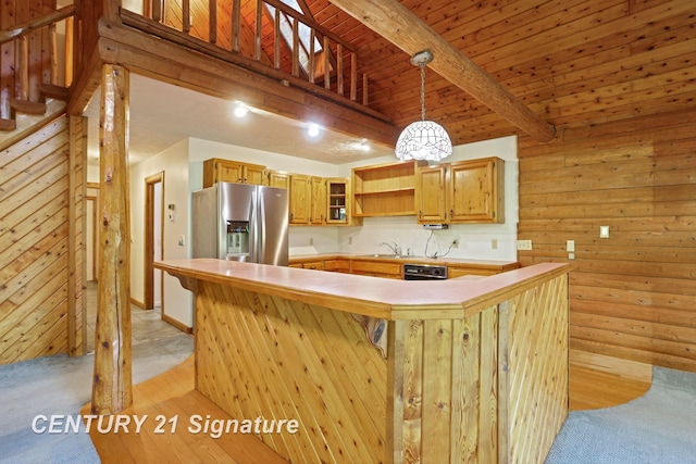 13715 Baldwin Rd, Saginaw, MI 48616 - kitchen featuring stainless steel fridge with ice dispenser, open shelves, light countertops, decorative light fixtures, and a breakfast bar area