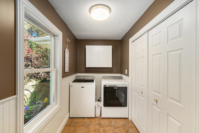 5920 Iris Rd, Ludington, MI 49431 - laundry room featuring cabinet space, washing machine and dryer, and wainscoting