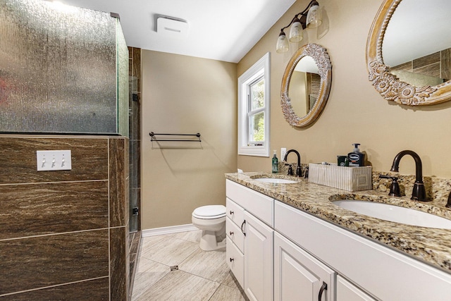 5920 Iris Rd, Ludington, MI 49431 - bathroom with double vanity, a shower with shower door, and tile patterned floors