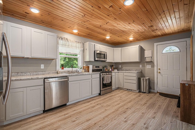 24984 Marcellus Hwy, Dowagiac, MI 49047 - kitchen with stainless steel appliances, wood ceiling, recessed lighting, light wood-type flooring, and light stone counters