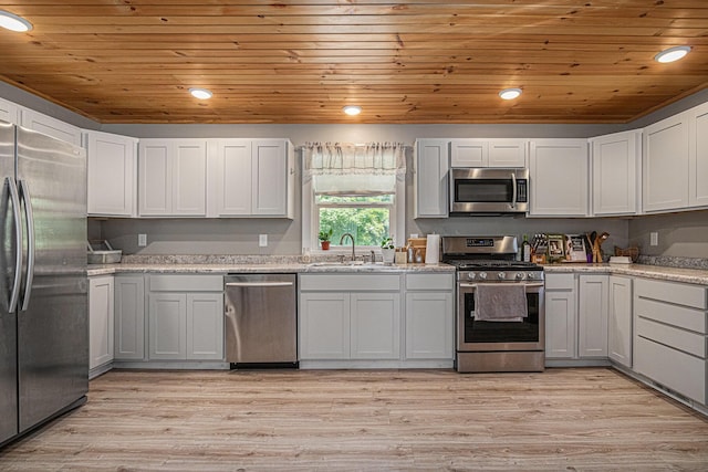 24984 Marcellus Hwy, Dowagiac, MI 49047 - kitchen featuring appliances with stainless steel finishes, wood ceiling, recessed lighting, and light wood finished floors