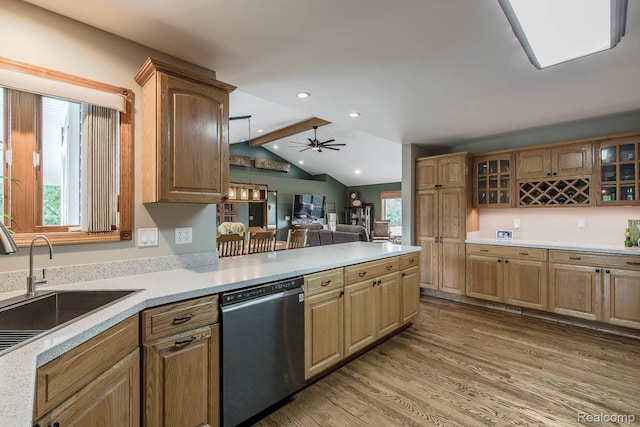 2086 Haines Rd, Lapeer, MI 48446 - kitchen with dishwasher, glass insert cabinets, light wood-type flooring, light countertops, and a peninsula