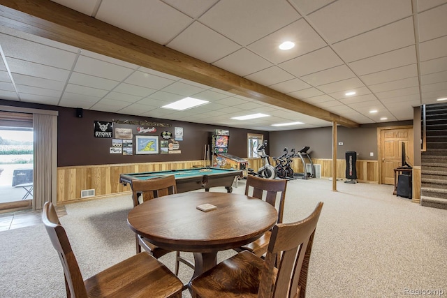 2086 Haines Rd, Lapeer, MI 48446 - playroom with carpet, a wainscoted wall, wood walls, billiards table, and a paneled ceiling