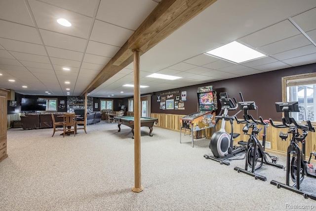 2086 Haines Rd, Lapeer, MI 48446 - exercise area with carpet, plenty of natural light, a paneled ceiling, pool table, and recessed lighting
