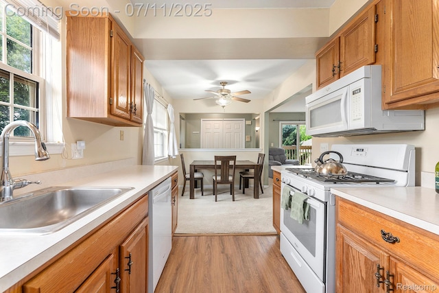 41455 Clinton Grove Dr, Clinton Township, MI 48038 - kitchen with white appliances, light countertops, a ceiling fan, and light wood-type flooring