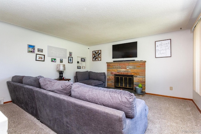 8345 E 14 Mile Rd, Sterling Heights, MI 48312 - living room with carpet floors, a stone fireplace, and a textured ceiling