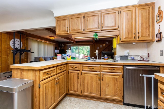 8345 E 14 Mile Rd, Sterling Heights, MI 48312 - kitchen with dishwasher, light countertops, a baseboard radiator, brown cabinets, and a peninsula