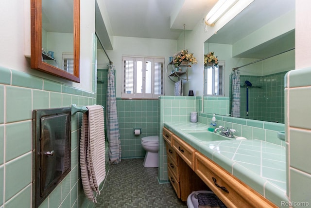 8345 E 14 Mile Rd, Sterling Heights, MI 48312 - bathroom featuring tile walls, plenty of natural light, vanity, a shower with shower curtain, and tile patterned floors