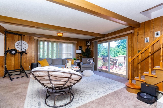 8345 E 14 Mile Rd, Sterling Heights, MI 48312 - carpeted living room with wooden walls, beam ceiling, a textured ceiling, and stairway