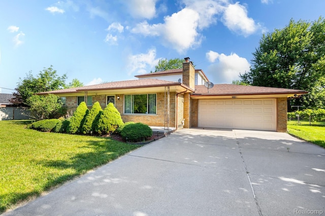 8345 E 14 Mile Rd, Sterling Heights, MI 48312 - view of front of property featuring driveway, an attached garage, a front yard, brick siding, and a chimney