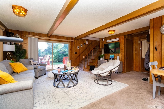 8345 E 14 Mile Rd, Sterling Heights, MI 48312 - living room featuring wooden walls, beamed ceiling, stairway, carpet, and a textured ceiling