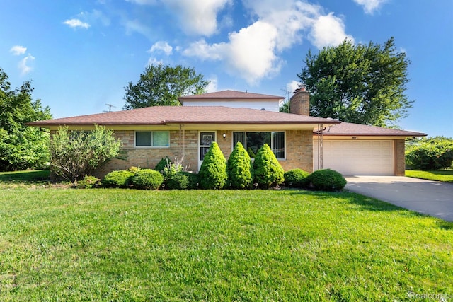 8345 E 14 Mile Rd, Sterling Heights, MI 48312 - ranch-style house with an attached garage, driveway, a front lawn, a chimney, and brick siding