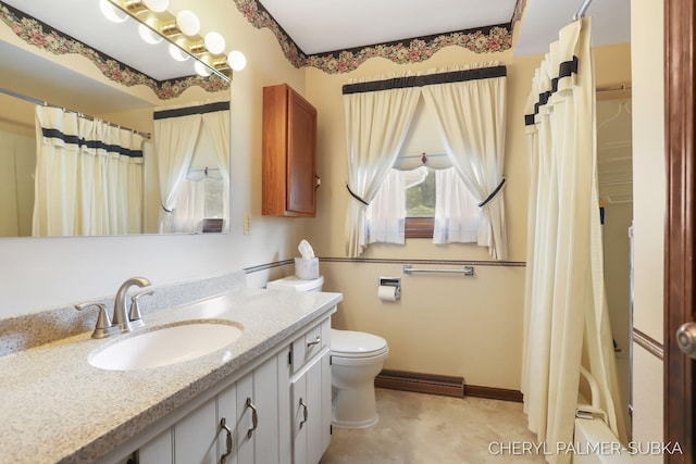 1838 Kings Ct, Muskegon, MI 49445 - bathroom with baseboard heating, vanity, and a shower with shower curtain