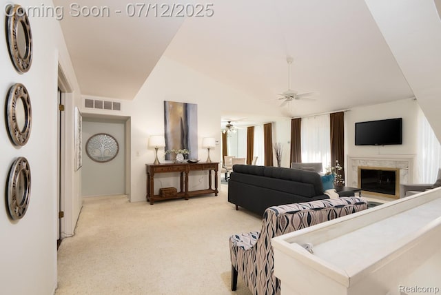 7427 Radcliff Ct, West Bloomfield, MI 48322 - living room featuring ceiling fan, light carpet, lofted ceiling, and a premium fireplace