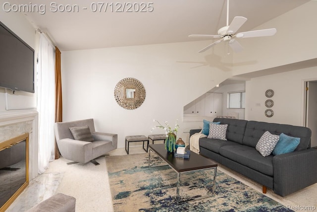7427 Radcliff Ct, West Bloomfield, MI 48322 - carpeted living area featuring ceiling fan and a premium fireplace